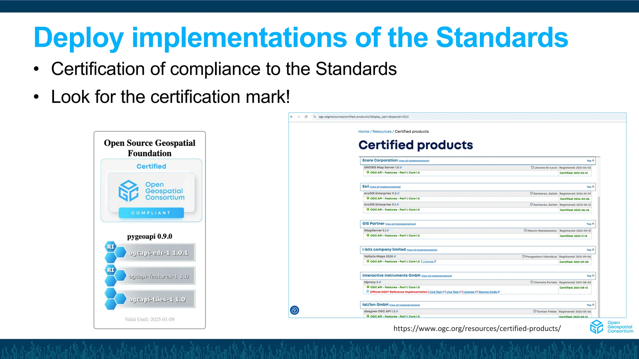 Deploy implementations of the Standards
• Certification of compliance to the Standards
• Look for the certification mark!
https://www.ogc.org/resources/certified-products/
 