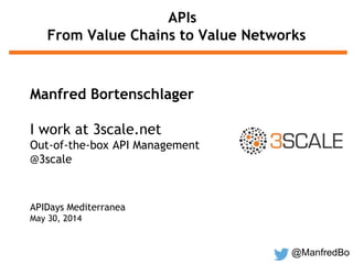 @ManfredBo
APIs
From Value Chains to Value Networks
Manfred Bortenschlager
I work at 3scale.net
Out-of-the-box API Management
@3scale
APIDays Mediterranea
May 30, 2014
 