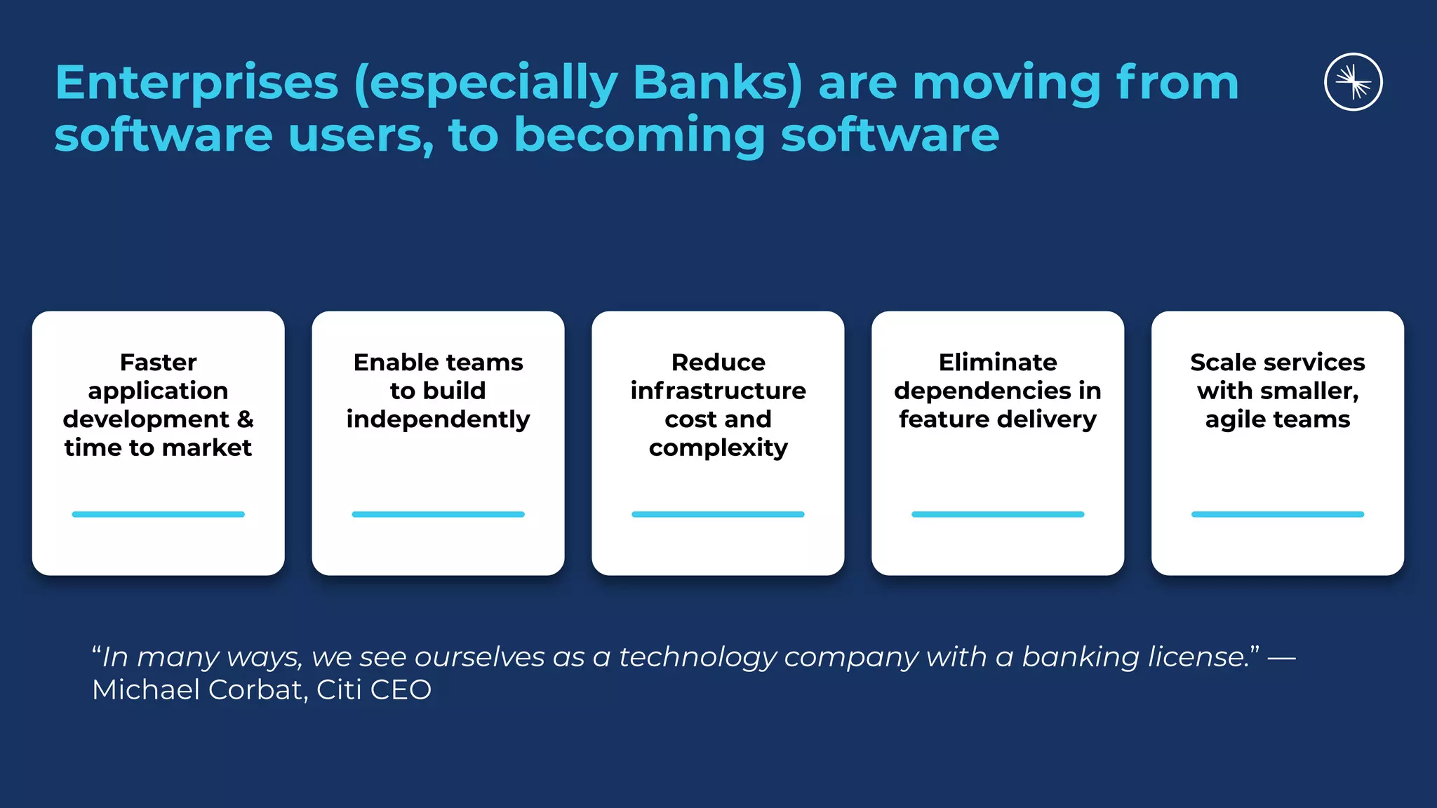 Enterprises (especially Banks) are moving from
software users, to becoming software
Faster
application
development &
time to market
Enable teams
to build
independently
Reduce
infrastructure
cost and
complexity
Eliminate
dependencies in
feature delivery
Scale services
with smaller,
agile teams
“In many ways, we see ourselves as a technology company with a banking license.” —
Michael Corbat, Citi CEO
 