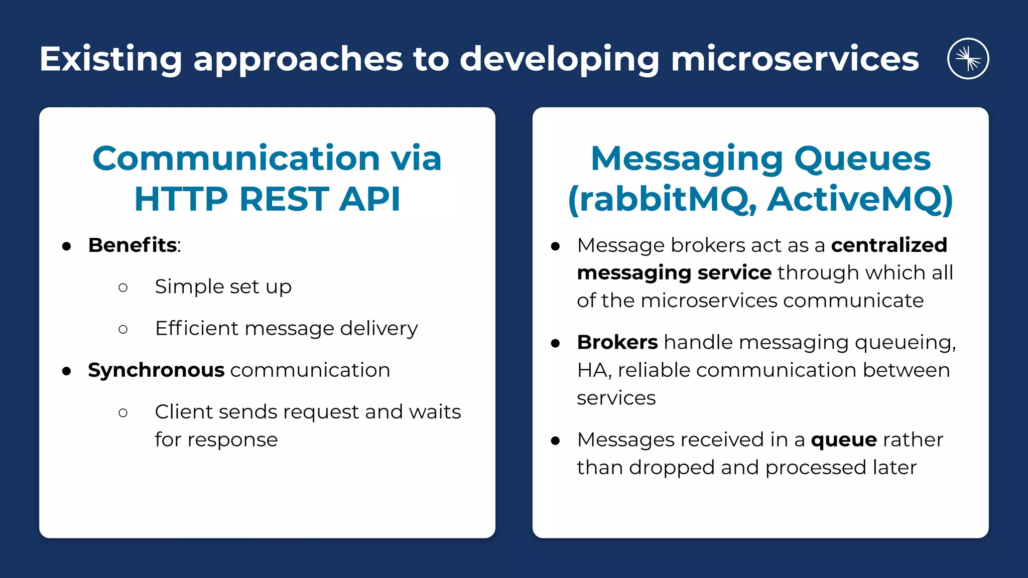 Existing approaches to developing microservices
Messaging Queues
(rabbitMQ, ActiveMQ)
● Message brokers act as a centralized
messaging service through which all
of the microservices communicate
● Brokers handle messaging queueing,
HA, reliable communication between
services
● Messages received in a queue rather
than dropped and processed later
Communication via
HTTP REST API
● Beneﬁts:
○ Simple set up
○ Efﬁcient message delivery
● Synchronous communication
○ Client sends request and waits
for response
 