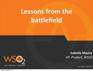 Isabelle 
Mauny 
VP, 
Product, 
WSO2 
Last Updated: Nov 2014 
Lessons 
from 
the 
ba.lefield 
Tuesday, December 9, 14 
 
