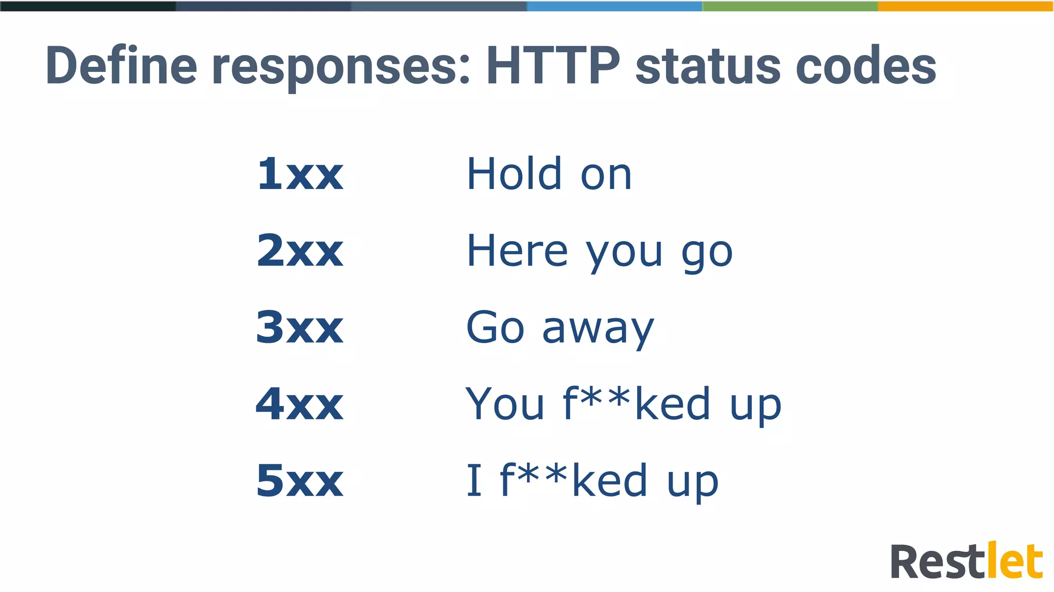Define responses: HTTP status codes
1xx Hold on
2xx Here you go
3xx Go away
4xx You f**ked up
5xx I f**ked up
 