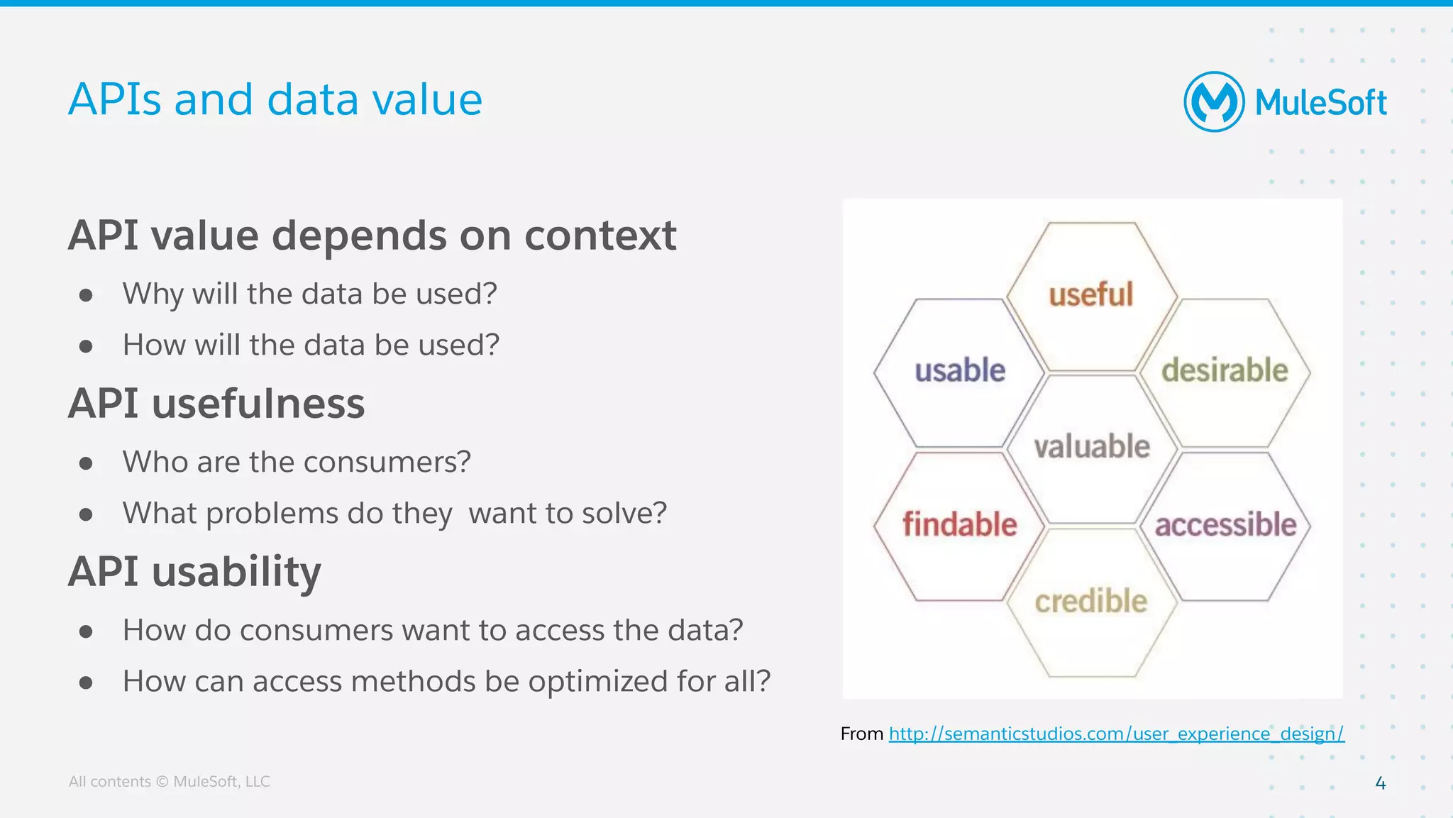 All contents © MuleSoft, LLC
APIs and data value
API value depends on context
● Why will the data be used?
● How will the data be used?
API usefulness
● Who are the consumers?
● What problems do they want to solve?
API usability
● How do consumers want to access the data?
● How can access methods be optimized for all?
4
From http://semanticstudios.com/user_experience_design/
 