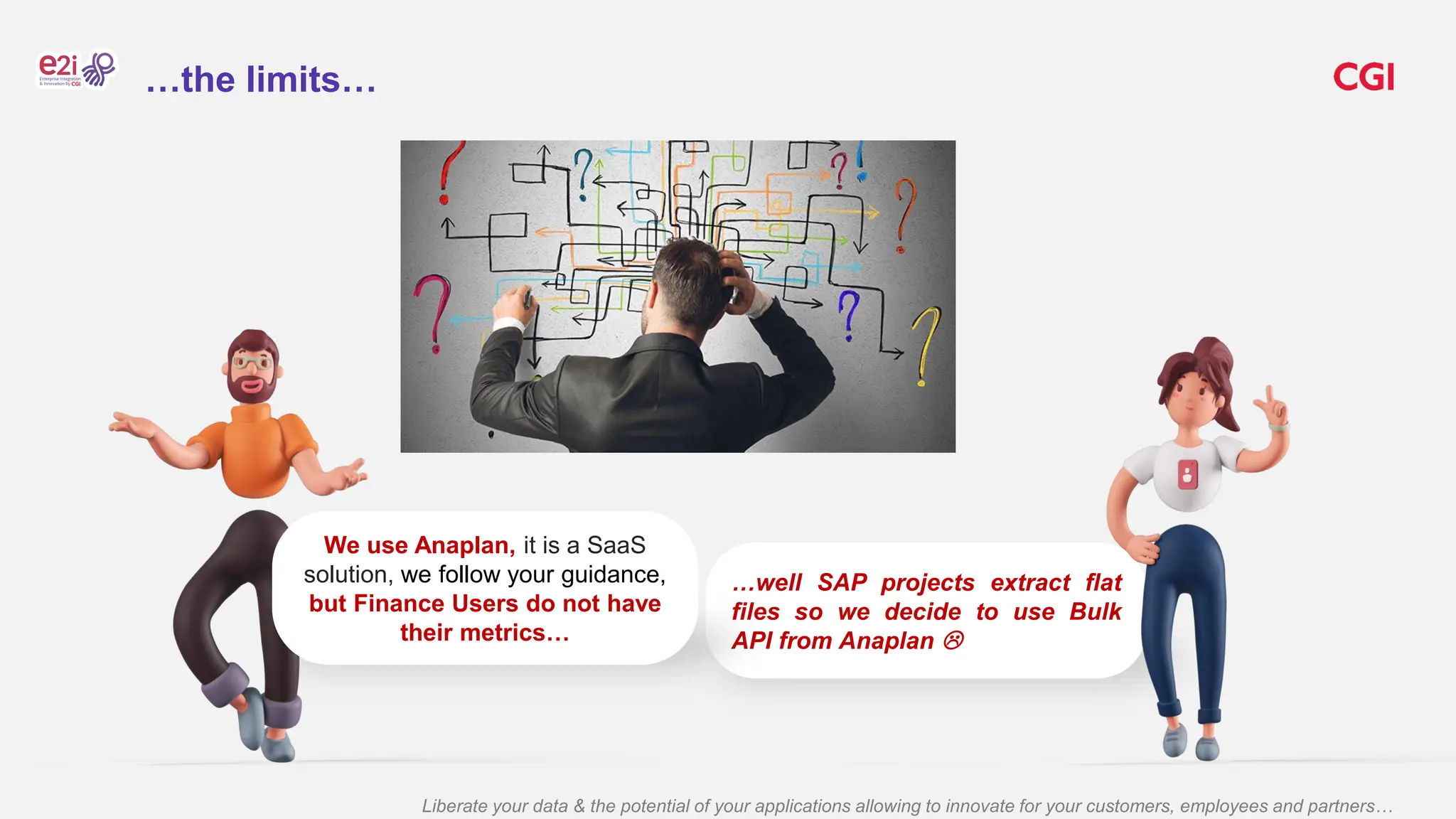 Liberate your data & the potential of your applications allowing to innovate for your customers, employees and partners…
…well SAP projects extract flat
files so we decide to use Bulk
API from Anaplan 
We use Anaplan, it is a SaaS
solution, we follow your guidance,
but Finance Users do not have
their metrics…
…the limits…
 