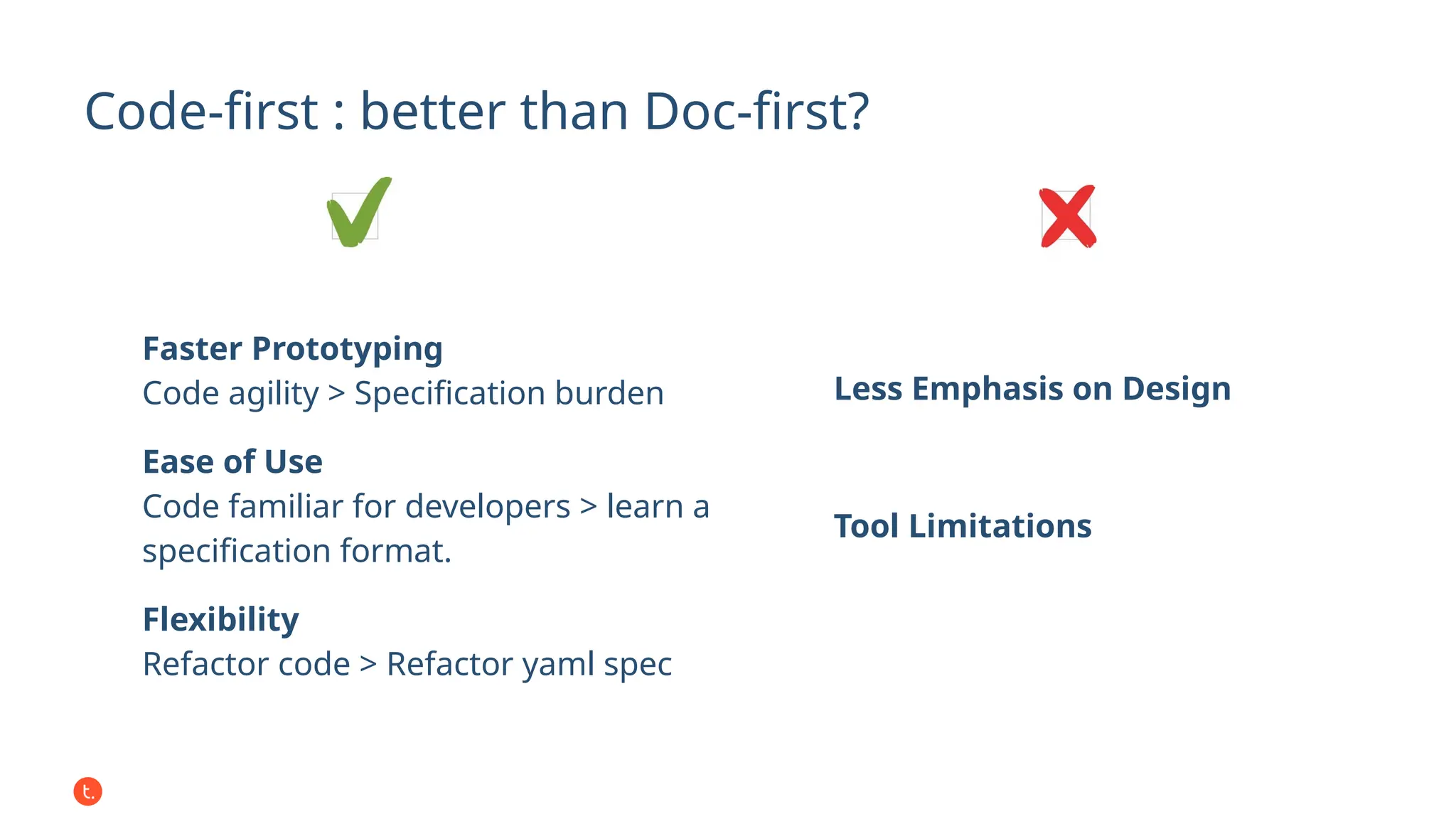 Code-first : better than Doc-first?
Faster Prototyping
Code agility > Specification burden
Ease of Use
Code familiar for developers > learn a
specification format.
Flexibility
Refactor code > Refactor yaml spec
Less Emphasis on Design
Tool Limitations
 