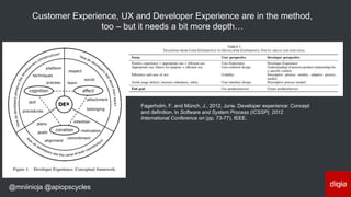 @mniinioja @apiopscycles
Customer Experience, UX and Developer Experience are in the method,
too – but it needs a bit more depth…
Fagerholm, F. and Münch, J., 2012, June. Developer experience: Concept
and definition. In Software and System Process (ICSSP), 2012
International Conference on (pp. 73-77). IEEE.
 