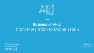 1
Business of APIs:
From Integration to Monetization
Anton Shchekalov
VP Engineering
Singapore
23 April 2019
 