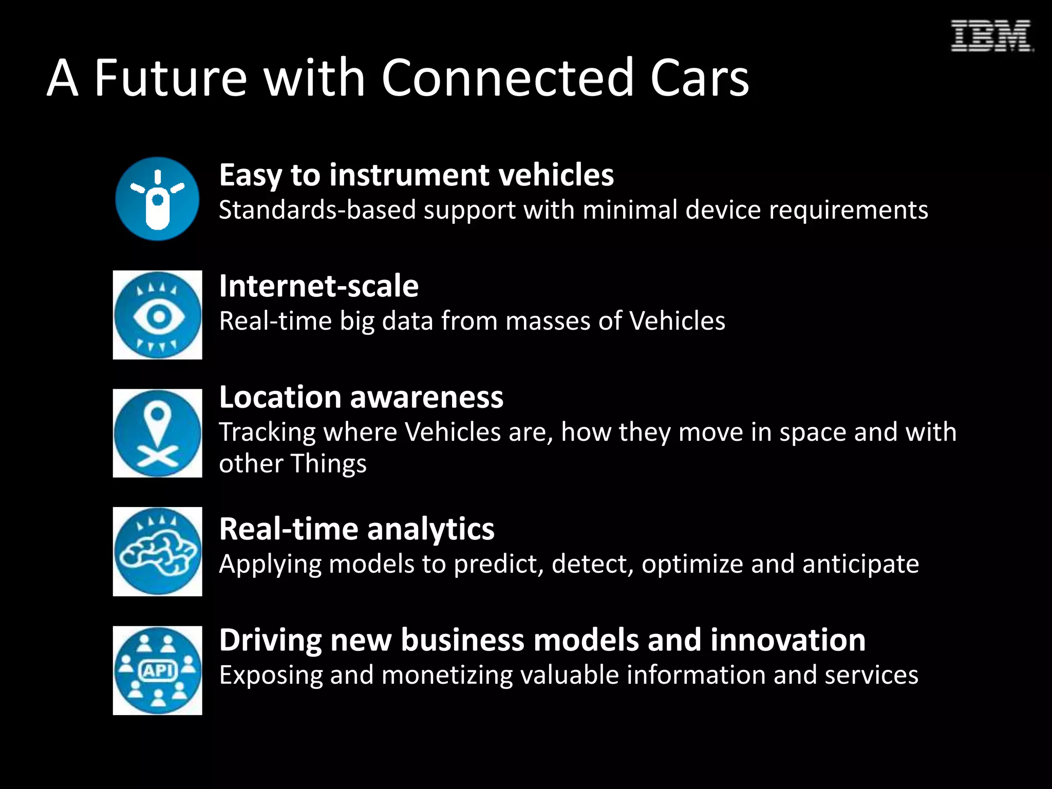 Easy to instrument vehicles
Standards-based support with minimal device requirements
Internet-scale
Real-time big data from masses of Vehicles
Location awareness
Tracking where Vehicles are, how they move in space and with
other Things
Real-time analytics
Applying models to predict, detect, optimize and anticipate
Driving new business models and innovation
Exposing and monetizing valuable information and services
A Future with Connected Cars
 