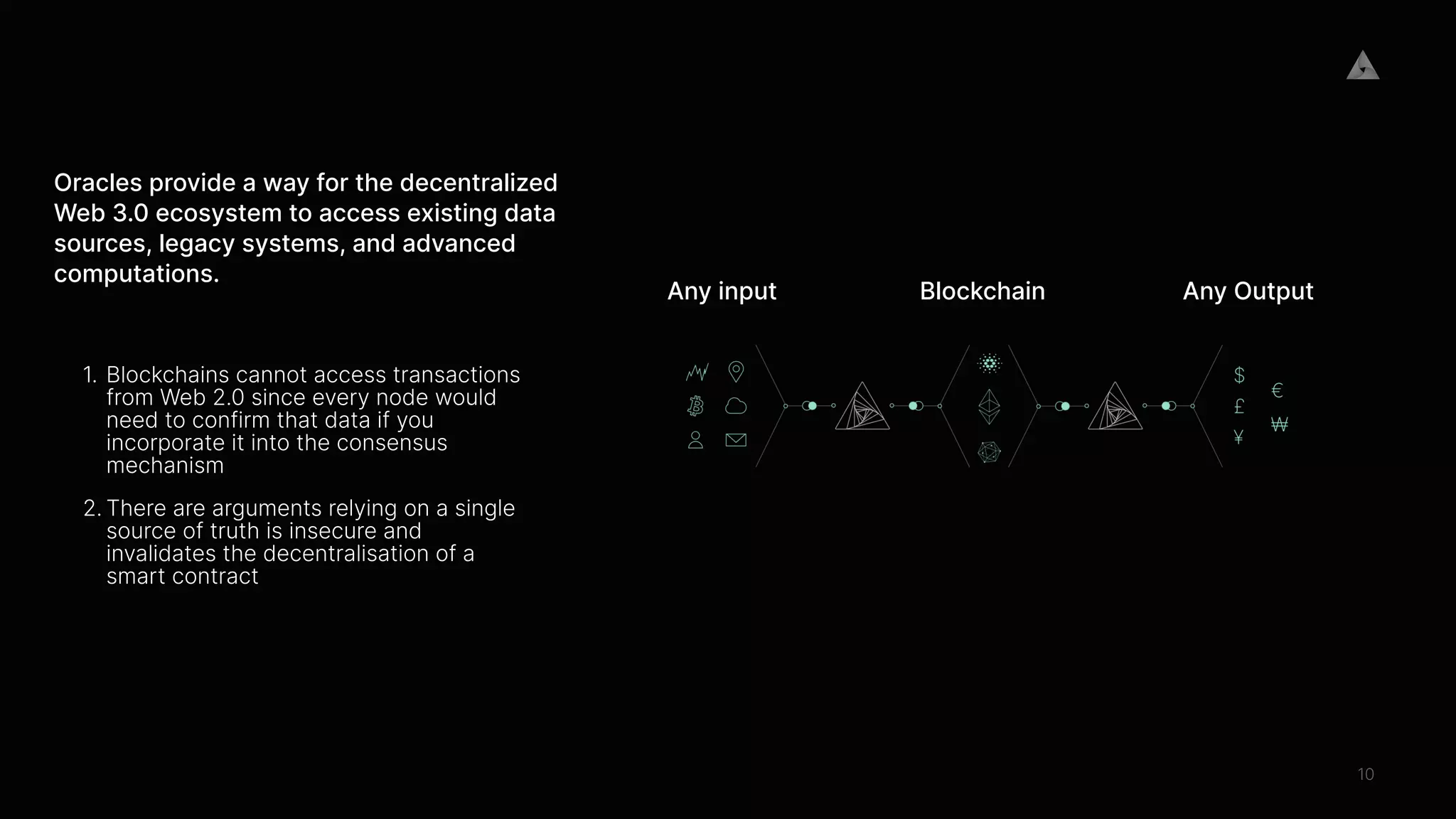 10
Any input Any Output
Blockchain
Oracles provide a way for the decentralized
Web 3.0 ecosystem to access existing data
sources, legacy systems, and advanced
computations. 
1. Blockchains cannot access transactions
from Web 2.0 since every node would
need to confirm that data if you
incorporate it into the consensus
mechanism


2. There are arguments relying on a single
source of truth is insecure and
invalidates the decentralisation of a
smart contract
 