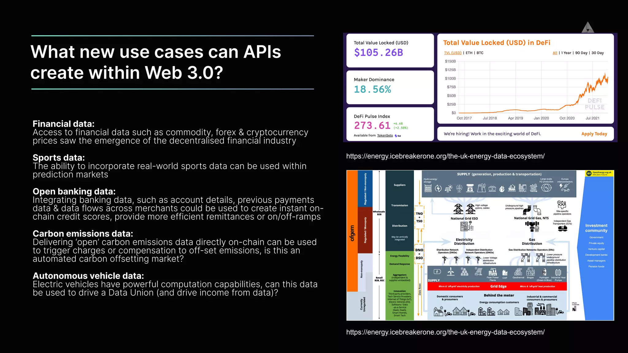 What new use cases can APIs
create within Web 3.0?
Financial data:
 
Access to financial data such as commodity, forex & cryptocurrency
prices saw the emergence of the decentralised financial industry


Sports data:
 
The ability to incorporate real-world sports data can be used within
prediction markets


Open banking data:
 
Integrating banking data, such as account details, previous payments
data & data flows across merchants could be used to create instant on-
chain credit scores, provide more efficient remittances or on/off-ramps


Carbon emissions data:
 
Delivering ‘open’ carbon emissions data directly on-chain can be used
to trigger charges or compensation to off-set emissions, is this an
automated carbon offsetting market?


Autonomous vehicle data:
 
Electric vehicles have powerful computation capabilities, can this data
be used to drive a Data Union (and drive income from data)?
https://energy.icebreakerone.org/the-uk-energy-data-ecosystem/
https://energy.icebreakerone.org/the-uk-energy-data-ecosystem/
 