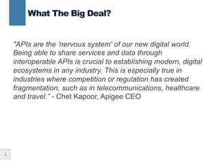 3
"APIs are the 'nervous system' of our new digital world.
Being able to share services and data through
interoperable APIs is crucial to establishing modern, digital
ecosystems in any industry. This is especially true in
industries where competition or regulation has created
fragmentation, such as in telecommunications, healthcare
and travel.” - Chet Kapoor, Apigee CEO
What The Big Deal?
 