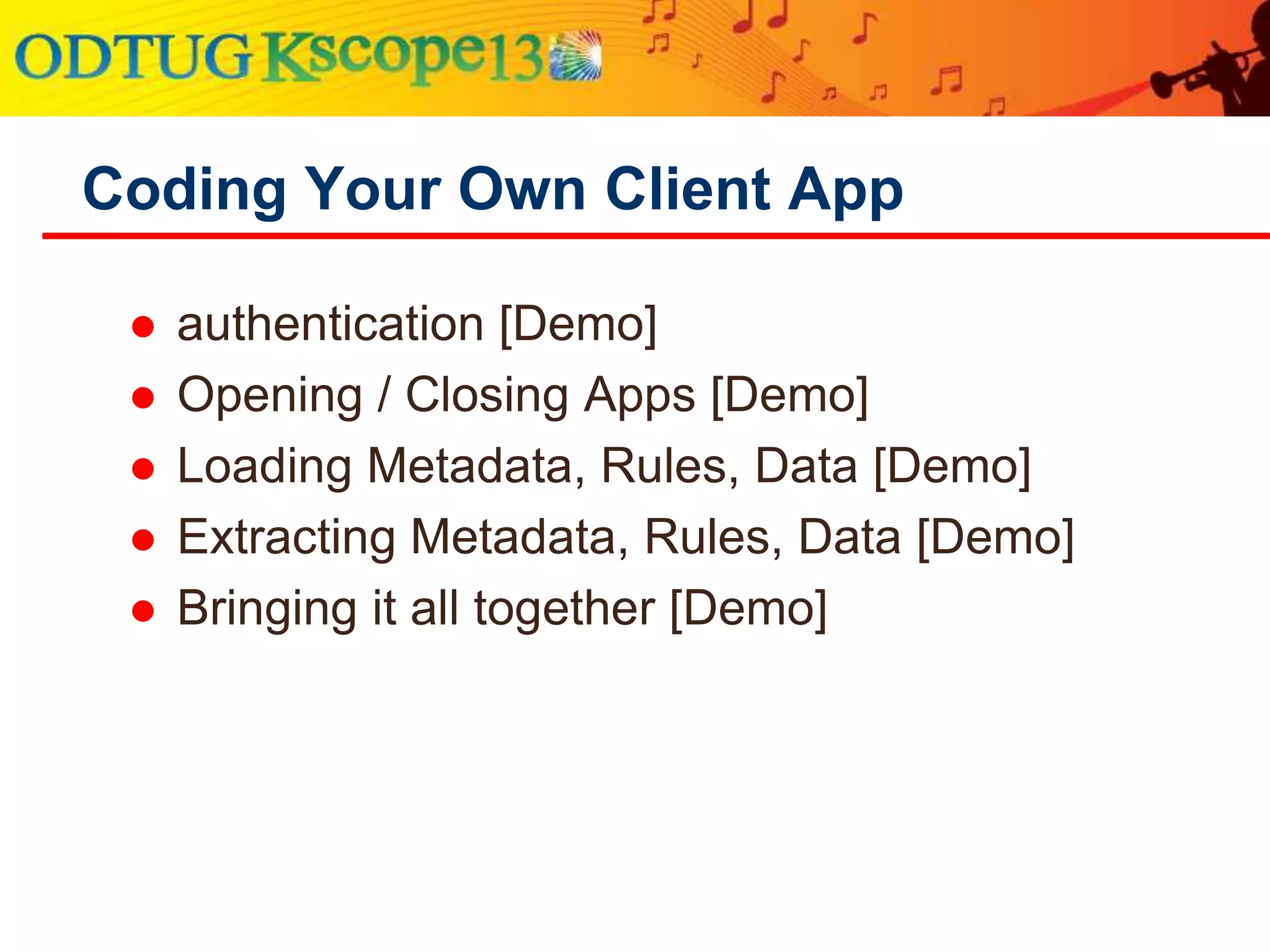 Brief HFM API Overview [COM]
Type Library Functionality
HsvcDataLoad Data Loading and Extracting
HsvJournalACV Journal Loading and Extract, Journal Template loading
HsvPOVSelection ActiveX display option for selecting POV
HsvResourceManager Manages Error Messages
HFMConstants Constants used by API calls throughout
 