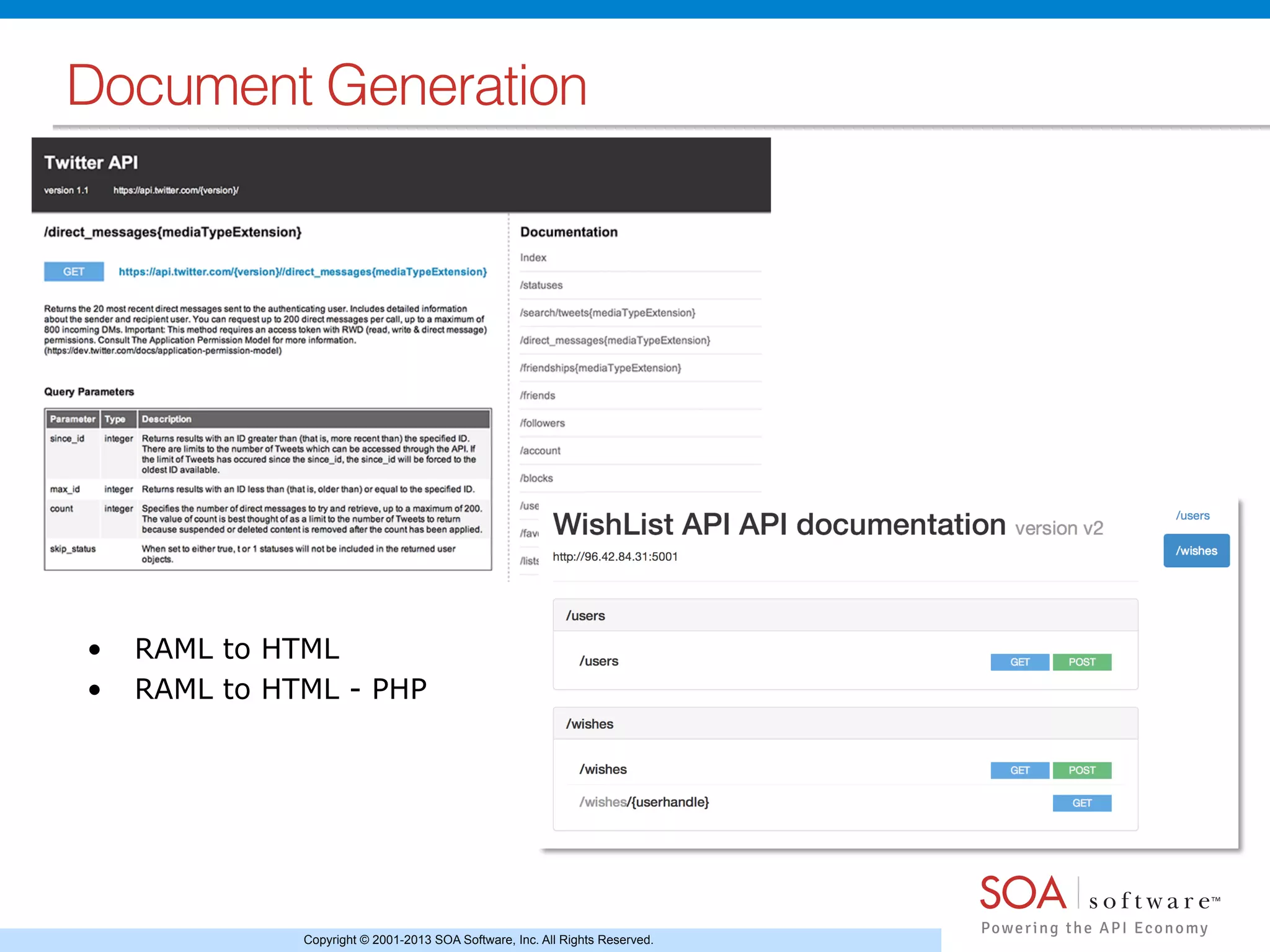 Copyright © 2001-2013 SOA Software, Inc. All Rights Reserved.
Document Generation!
•  RAML to HTML
•  RAML to HTML - PHP
 
