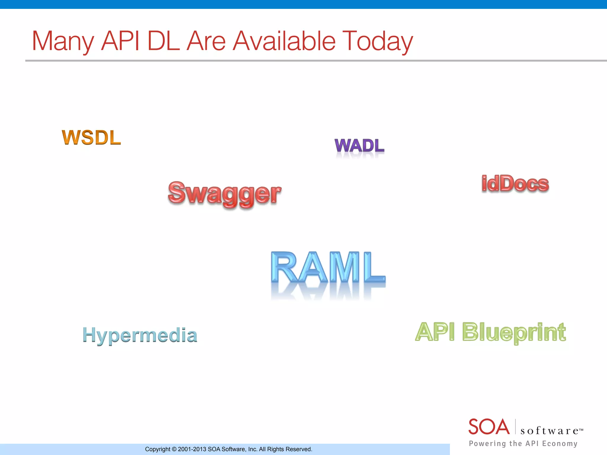 Copyright © 2001-2013 SOA Software, Inc. All Rights Reserved.
Many API DL Are Available Today!
Hypermedia
 