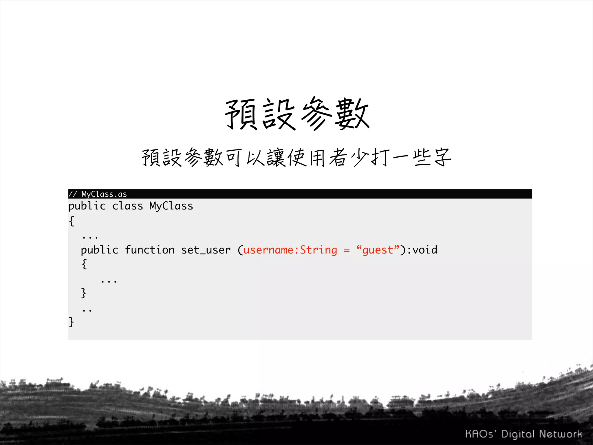 // MyClass.as
public class MyClass
{
  ...
  public function set_user (username:String = “guest”):void
  {
      ...
  }
  ..
}
 
