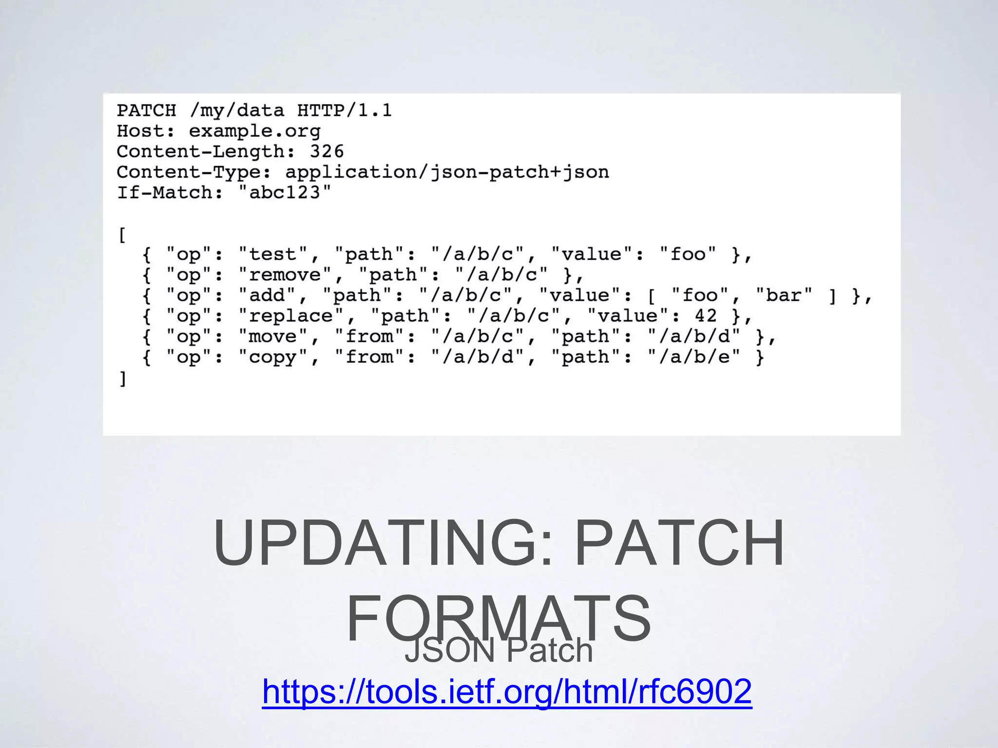 UPDATING: PATCH
FORMATSJSON Patch
https://tools.ietf.org/html/rfc6902
 