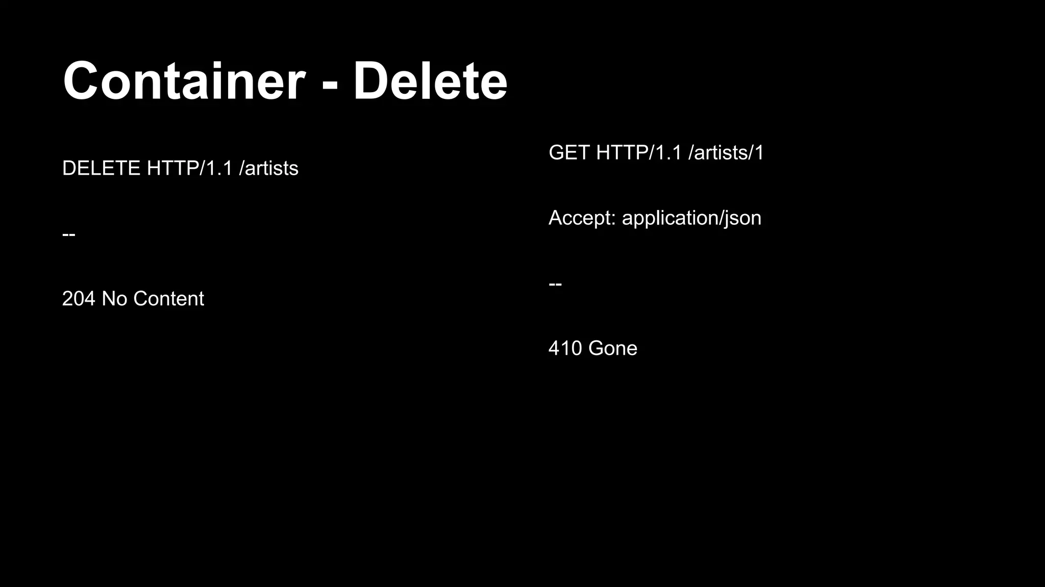 Container - Delete
DELETE HTTP/1.1 /artists
--
204 No Content
GET HTTP/1.1 /artists/1
Accept: application/json
--
410 Gone
 