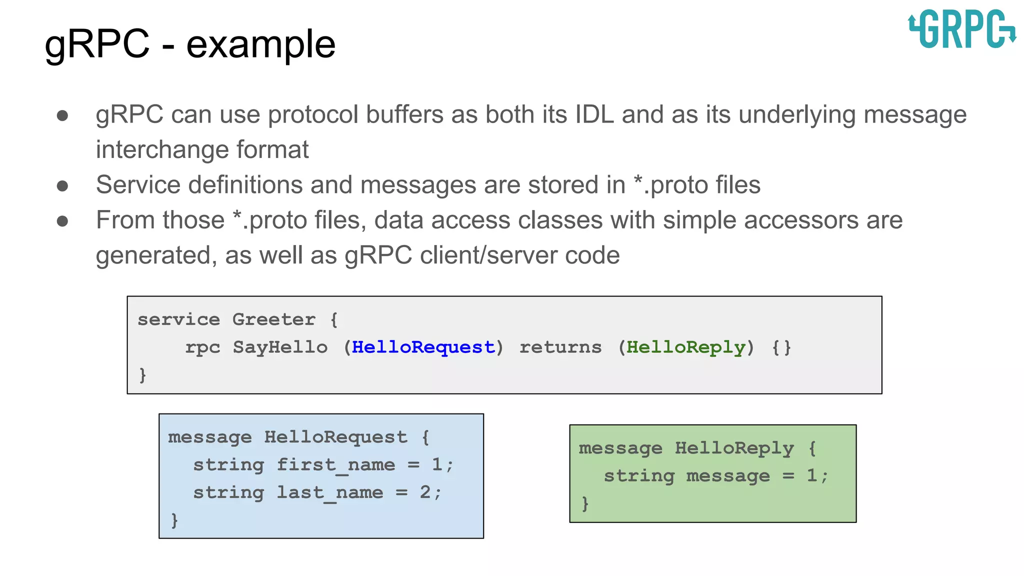 gRPC - example
service Greeter {
rpc SayHello (HelloRequest) returns (HelloReply) {}
}
message HelloRequest {
string first_name = 1;
string last_name = 2;
}
● gRPC can use protocol buffers as both its IDL and as its underlying message
interchange format
● Service definitions and messages are stored in *.proto files
● From those *.proto files, data access classes with simple accessors are
generated, as well as gRPC client/server code
message HelloReply {
string message = 1;
}
 