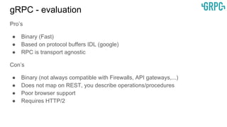 gRPC - evaluation
Pro’s
● Binary (Fast)
● Based on protocol buffers IDL (google)
● RPC is transport agnostic
Con’s
● Binary (not always compatible with Firewalls, API gateways,...)
● Does not map on REST, you describe operations/procedures
● Poor browser support
● Requires HTTP/2
 
