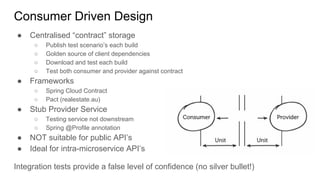 Consumer Driven Design
● Centralised “contract” storage
○ Publish test scenario’s each build
○ Golden source of client dependencies
○ Download and test each build
○ Test both consumer and provider against contract
● Frameworks
○ Spring Cloud Contract
○ Pact (realestate.au)
● Stub Provider Service
○ Testing service not downstream
○ Spring @Profile annotation
● NOT suitable for public API’s
● Ideal for intra-microservice API’s
Integration tests provide a false level of confidence (no silver bullet!)
 