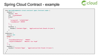 Spring Cloud Contract - example
org.springframework.cloud.contract.spec.Contract.make {
request {
method 'PUT'
url '/fraudcheck'
body("""
{
"clientId":"1234567890",
"loanAmount":99999
}
""")
headers {
header('Content-Type', 'application/vnd.fraud.v1+json')
}
}
response {
status 200
body("""
{
"fraudCheckStatus": "FRAUD",
"rejectionReason": "Amount too high"
}
""")
headers {
header('Content-Type': 'application/vnd.fraud.v1+json')
}
}
}
 