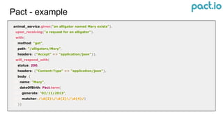 Pact - example
animal_service.given("an alligator named Mary exists").
upon_receiving("a request for an alligator").
with(
method: "get",
path: "/alligators/Mary",
headers: {"Accept" => "application/json"}).
will_respond_with(
status: 200,
headers: {"Content-Type" => "application/json"},
body: {
name: "Mary",
dateOfBirth: Pact.term(
generate: "02/11/2013",
matcher: /d{2}/d{2}/d{4}/)
})
 