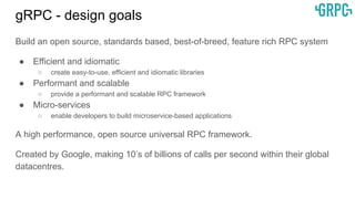 gRPC - design goals
Build an open source, standards based, best-of-breed, feature rich RPC system
● Efficient and idiomatic
○ create easy-to-use, efficient and idiomatic libraries
● Performant and scalable
○ provide a performant and scalable RPC framework
● Micro-services
○ enable developers to build microservice-based applications
A high performance, open source universal RPC framework.
Created by Google, making 10’s of billions of calls per second within their global
datacentres.
 