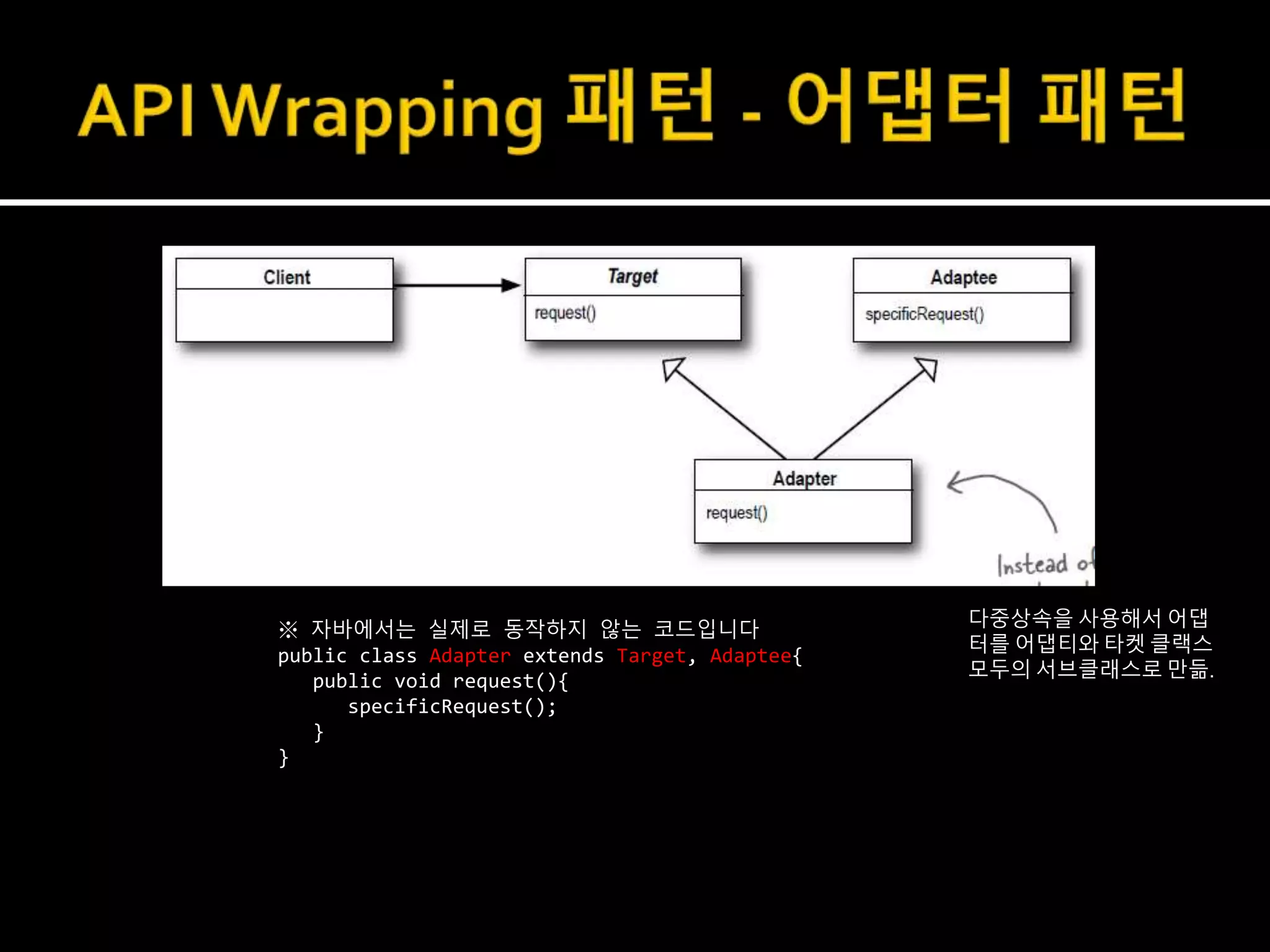 다중상속을 사용해서 어댑
터를 어댑티와 타켓 클랙스
모두의 서브클래스로 만듦.
※ 자바에서는 실제로 동작하지 않는 코드입니다
public class Adapter extends Target, Adaptee{
public void request(){
specificRequest();
}
}
 