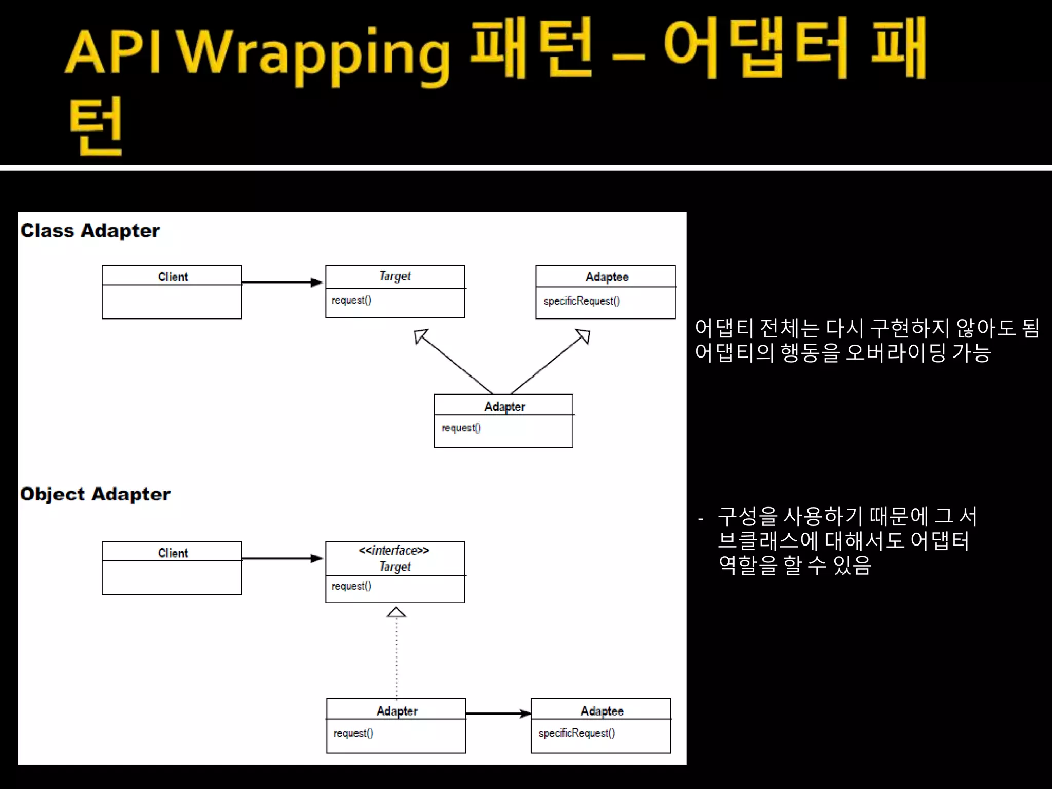 - 어댑티 전체는 다시 구현하지 않아도 됨
- 어댑티의 행동을 오버라이딩 가능
- 구성을 사용하기 때문에 그 서
브클래스에 대해서도 어댑터
역할을 할 수 있음
 