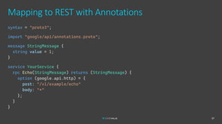 Mapping to REST with Annotations
37
syntax = "proto3";
import "google/api/annotations.proto";
message StringMessage {
string value = 1;
}
service YourService {
rpc Echo(StringMessage) returns (StringMessage) {
option (google.api.http) = {
post: "/v1/example/echo"
body: "*"
};
}
}
 