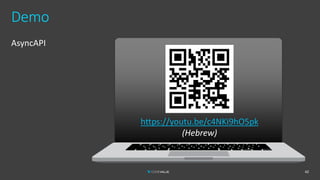 Demo
AsyncAPI
42
https://youtu.be/c4NKi9hO5pk
(Hebrew)
 