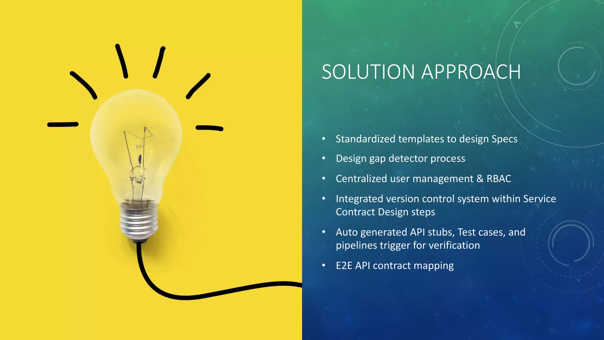 SOLUTION APPROACH
• Standardized templates to design Specs
• Design gap detector process
• Centralized user management & RBAC
• Integrated version control system within Service
Contract Design steps
• Auto generated API stubs, Test cases, and
pipelines trigger for verification
• E2E API contract mapping
 