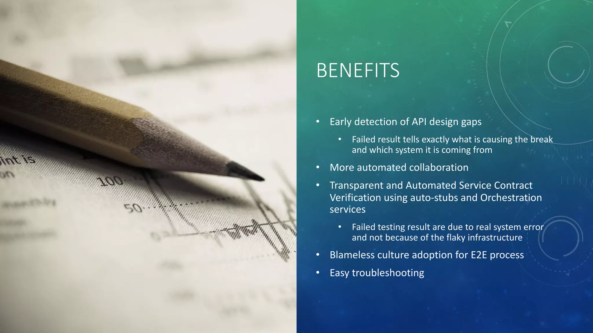 BENEFITS
• Early detection of API design gaps
• Failed result tells exactly what is causing the break
and which system it is coming from
• More automated collaboration
• Transparent and Automated Service Contract
Verification using auto-stubs and Orchestration
services
• Failed testing result are due to real system error
and not because of the flaky infrastructure
• Blameless culture adoption for E2E process
• Easy troubleshooting
 