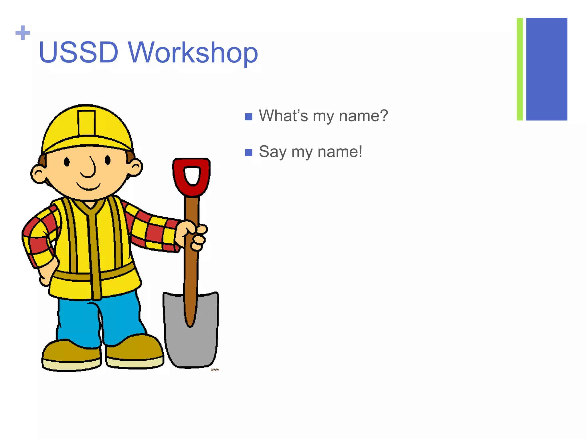 +
USSD Workshop
 What’s my name?
 Say my name!
 