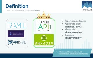 Definition
● What is the Difference Between API
Documentation, Specification, and Definition?
Resources:
GET /api/marketing/visibility/model
● Open source tooling
● Generate client
libraries, SDKs
● Generate
documentation
● Improve
discoverability
 