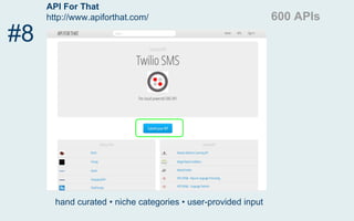 SDKs.io
http://sdks.io
#7
Pulls from Github, APIs.guru, Mashape, others
30,000+ APIs/SDKs
Definition translation
SDK generation
 