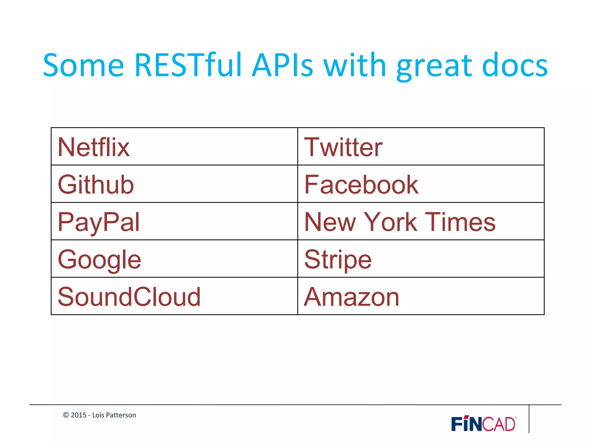 © 2015 - Lois Patterson
Some RESTful APIs with great docs
Netflix Twitter
Github Facebook
PayPal New York Times
Google Stripe
SoundCloud Amazon
 