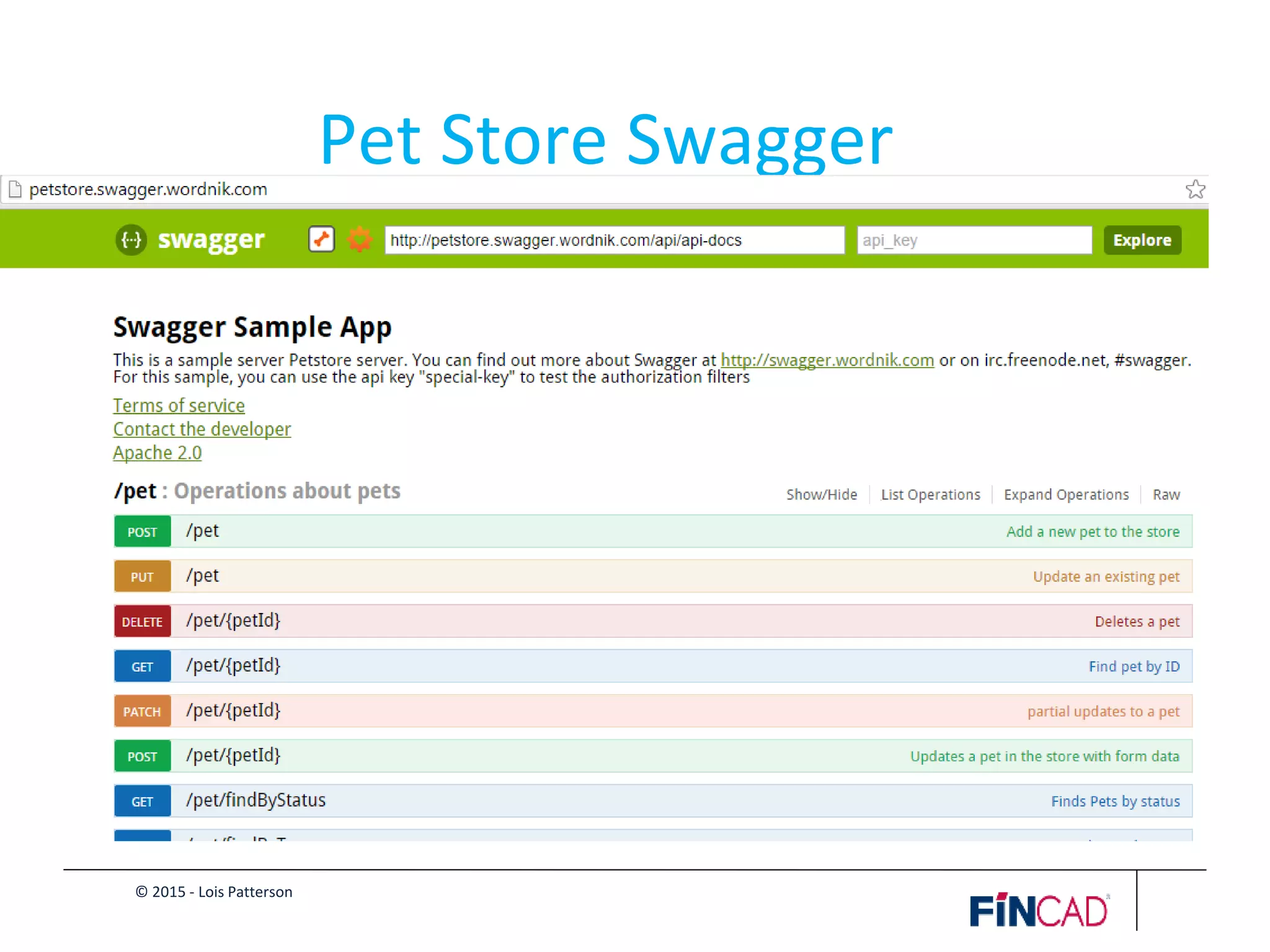 © 2015 - Lois Patterson
Pet Store Swagger
 