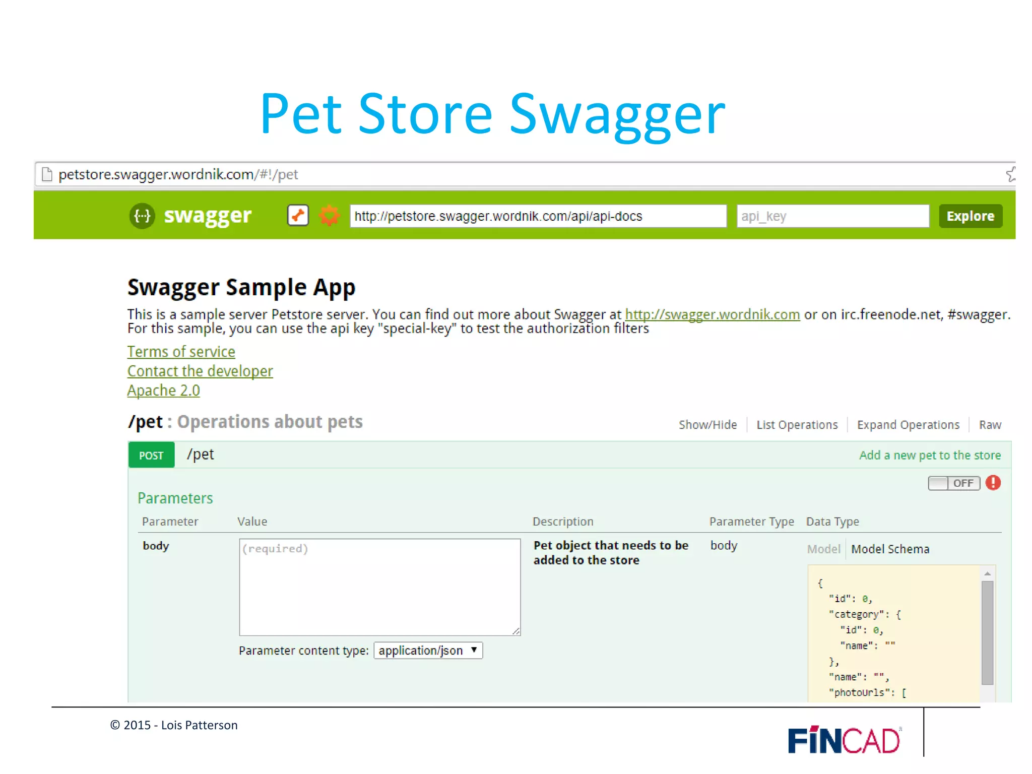 © 2015 - Lois Patterson
Pet Store Swagger
 