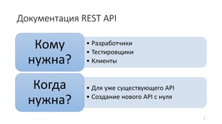 Документация REST API
• Разработчики
• Тестировщики
• Клиенты
Кому
нужна?
• Для уже существующего API
• Создание нового API с нуля
Когда
нужна?
3
 
