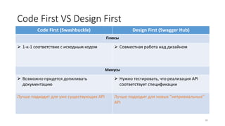 Code First VS Design First
Code First (Swashbuckle) Design First (Swagger Hub)
Плюсы
 1-к-1 соответствие с исходным кодом  Совместная работа над дизайном
Минусы
 Возможно придется допиливать
документацию
 Нужно тестировать, что реализация API
соответствует спецификации
Лучше подходит для уже существующих API Лучше подходит для новых “нетривиальных”
API
30
 