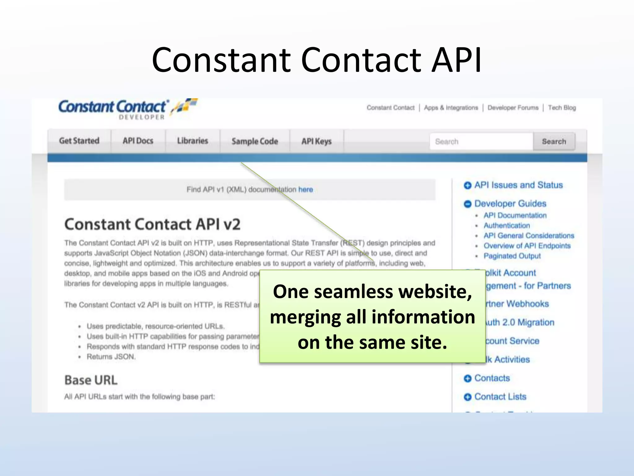 Constant Contact API 
One seamless website, 
merging all information 
on the same site. 
 