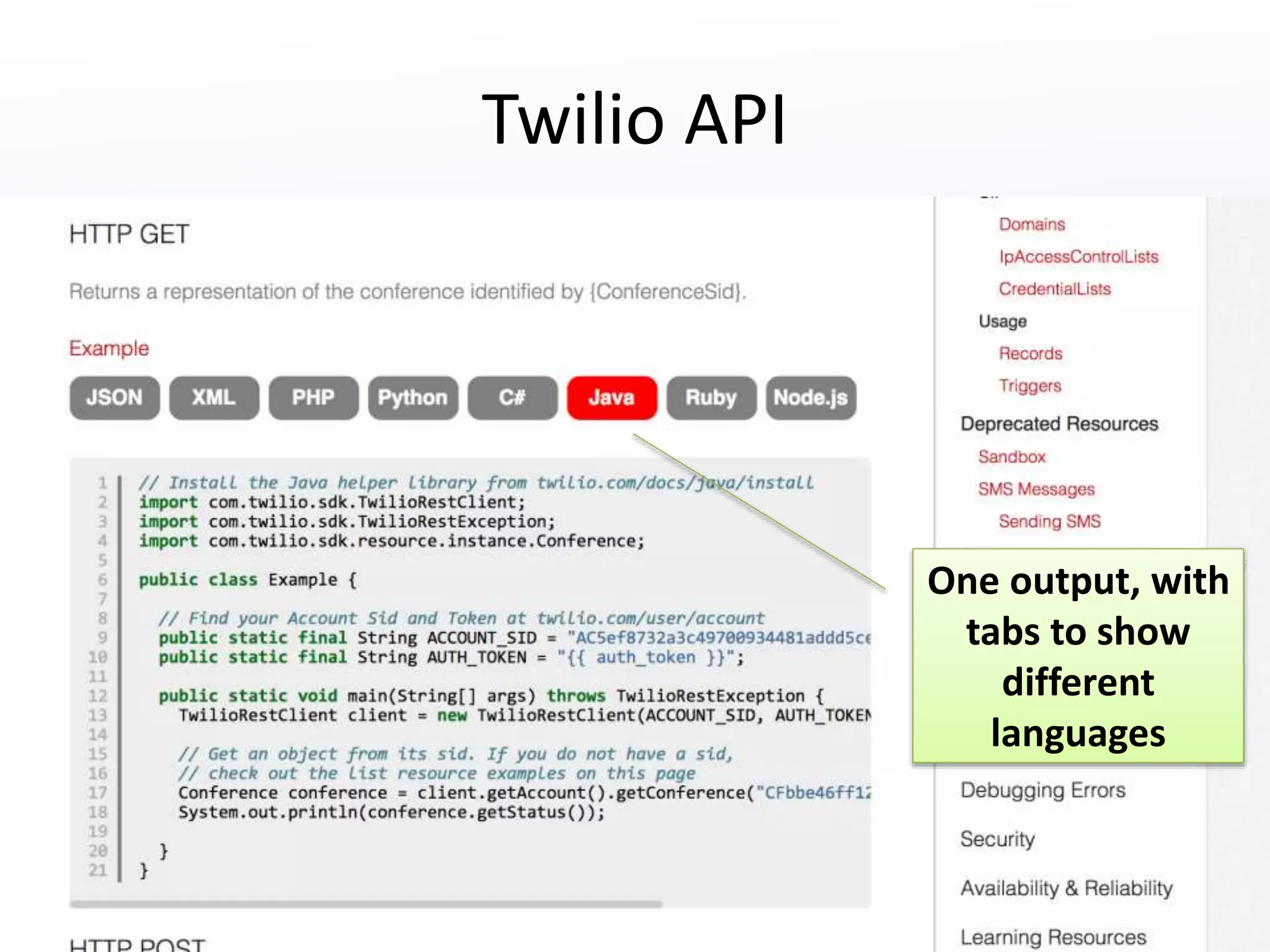 Twilio API 
One output, with 
tabs to show 
different 
languages 
 