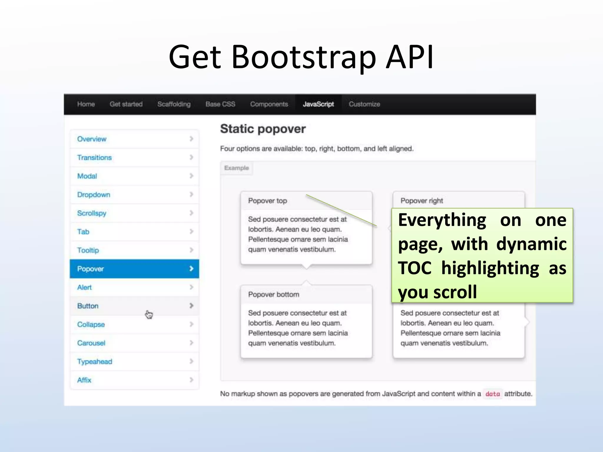 Get Bootstrap API 
Everything on one 
page, with dynamic 
TOC highlighting as 
you scroll 
 