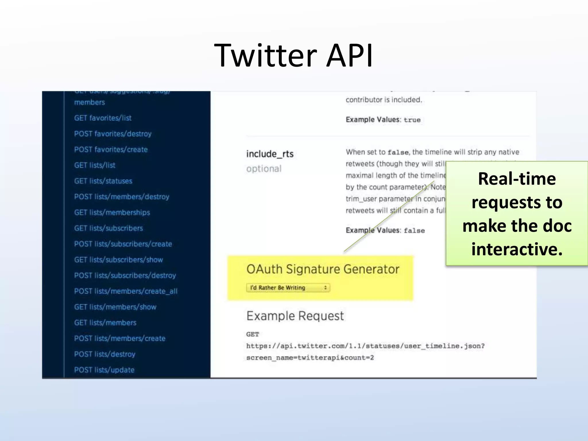 Twitter API 
Real-time 
requests to 
make the doc 
interactive. 
 