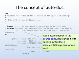 The concept of auto-doc 
/** 
* Reverses the order of the elements in the specified list.<p> 
* 
* This method runs in linear time. 
* 
* 
* @param list the list whose elements are to be reversed. 
* @throws UnsupportedOperationException if the specified list or 
* its list-iterator does not support the <tt>set</tt> 
operation. 
*/ 
public static void reverse(List<?> list) { 
int size = list.size() 
if (size < REVERSE_THRESHOLD || list instanceof 
RandomAccess) { 
for (int i=0, mid=size>>1, j=size-1; i<mid; 
i++, j--) 
swap(list, i, j); 
} else { 
… 
Add documentation in the 
source code, structuring it with 
specific syntax that a 
documentation generator can 
read. 
 