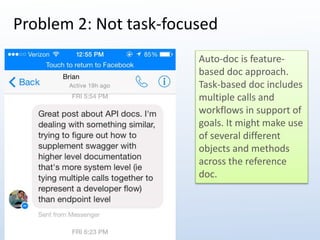 Problem 2: Not task-focused 
Auto-doc is feature-based 
doc approach. 
Task-based doc includes 
multiple calls and 
workflows in support of 
goals. It might make use 
of several different 
objects and methods 
across the reference 
doc. 
 