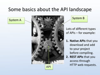 Some basics about the API landscape 
System B 
System A 
API 
Lots of different types 
of APIs – for example: 
1. Native APIs that you 
download and add 
to your project 
before compiling. 
2. REST APIs that you 
access through 
HTTP web requests. 
 
