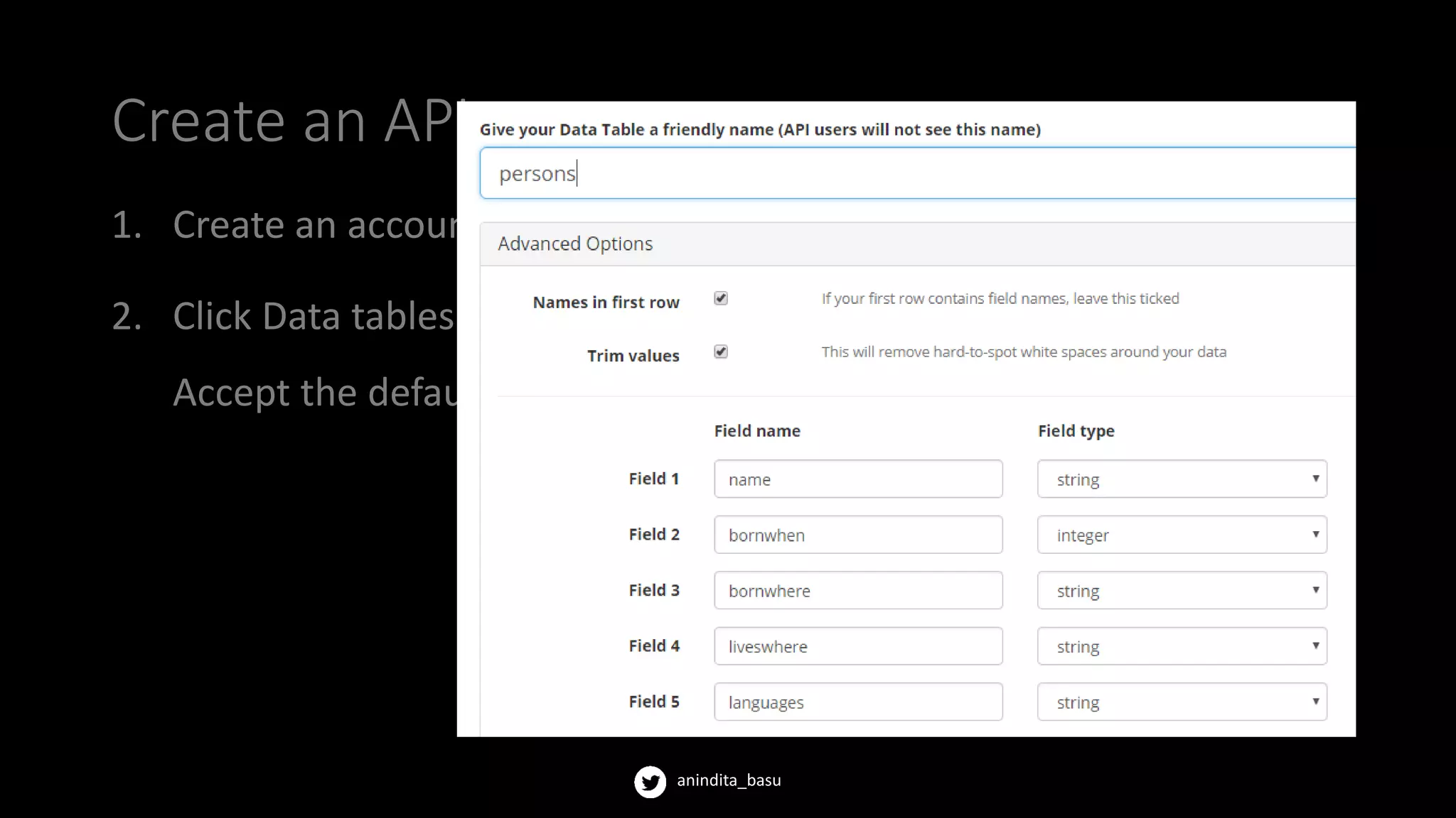 anindita_basu
Create an API
1. Create an account at sheetlabs.com.
2. Click Data tables > Import Data Table and import your spreadsheet.
Accept the default selections.
 