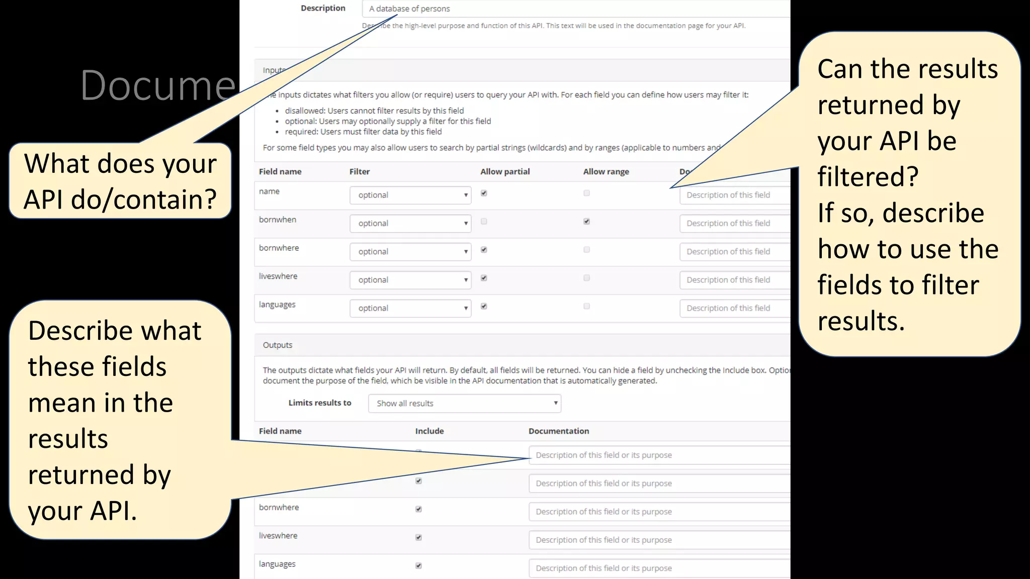 anindita_basu
Document your API
What does your
API do/contain?
Can the results
returned by
your API be
filtered?
If so, describe
how to use the
fields to filter
results.Describe what
these fields
mean in the
results
returned by
your API.
 